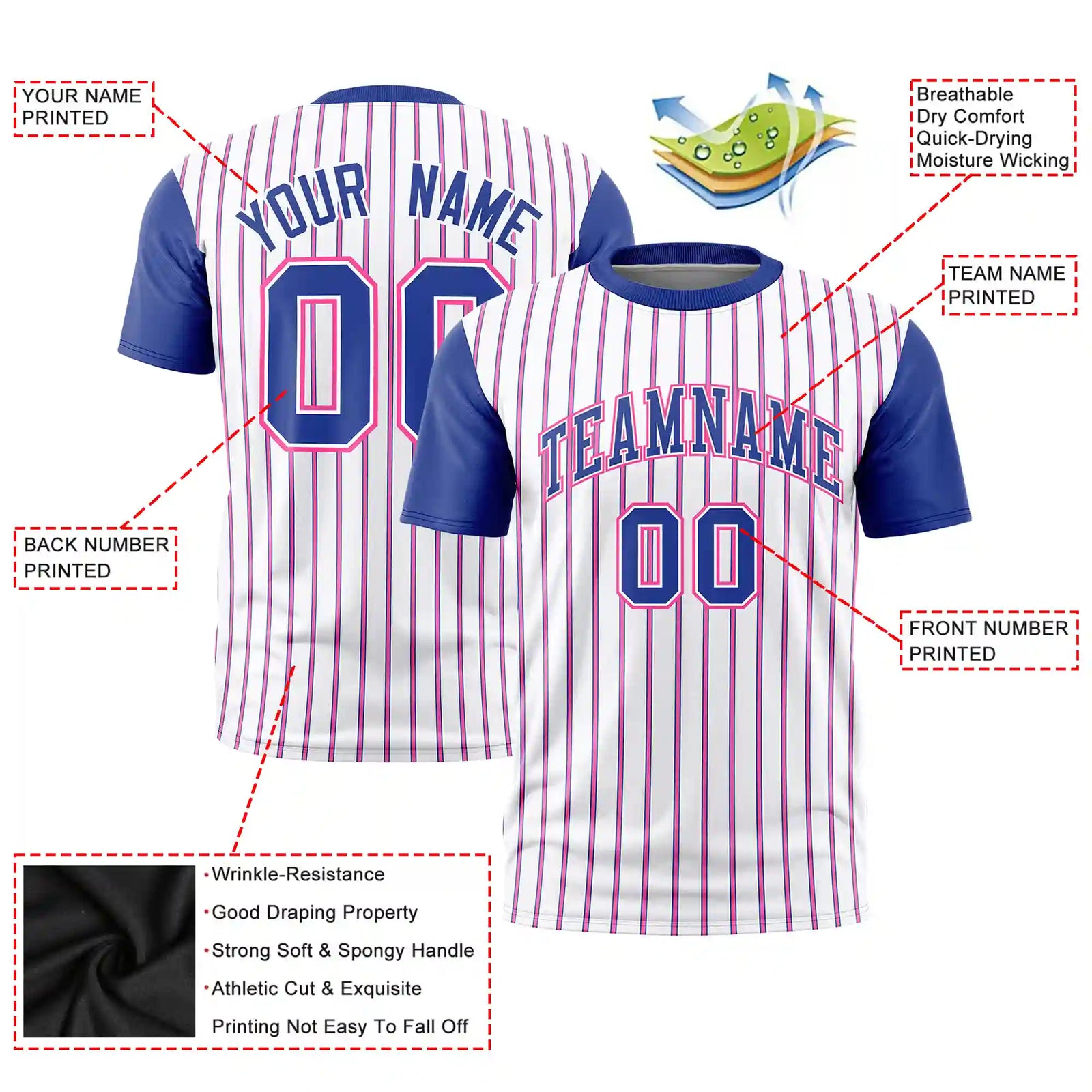 Custom White Pink-Royal Blue Pinstripe Pattern Design Performance T-Shirt