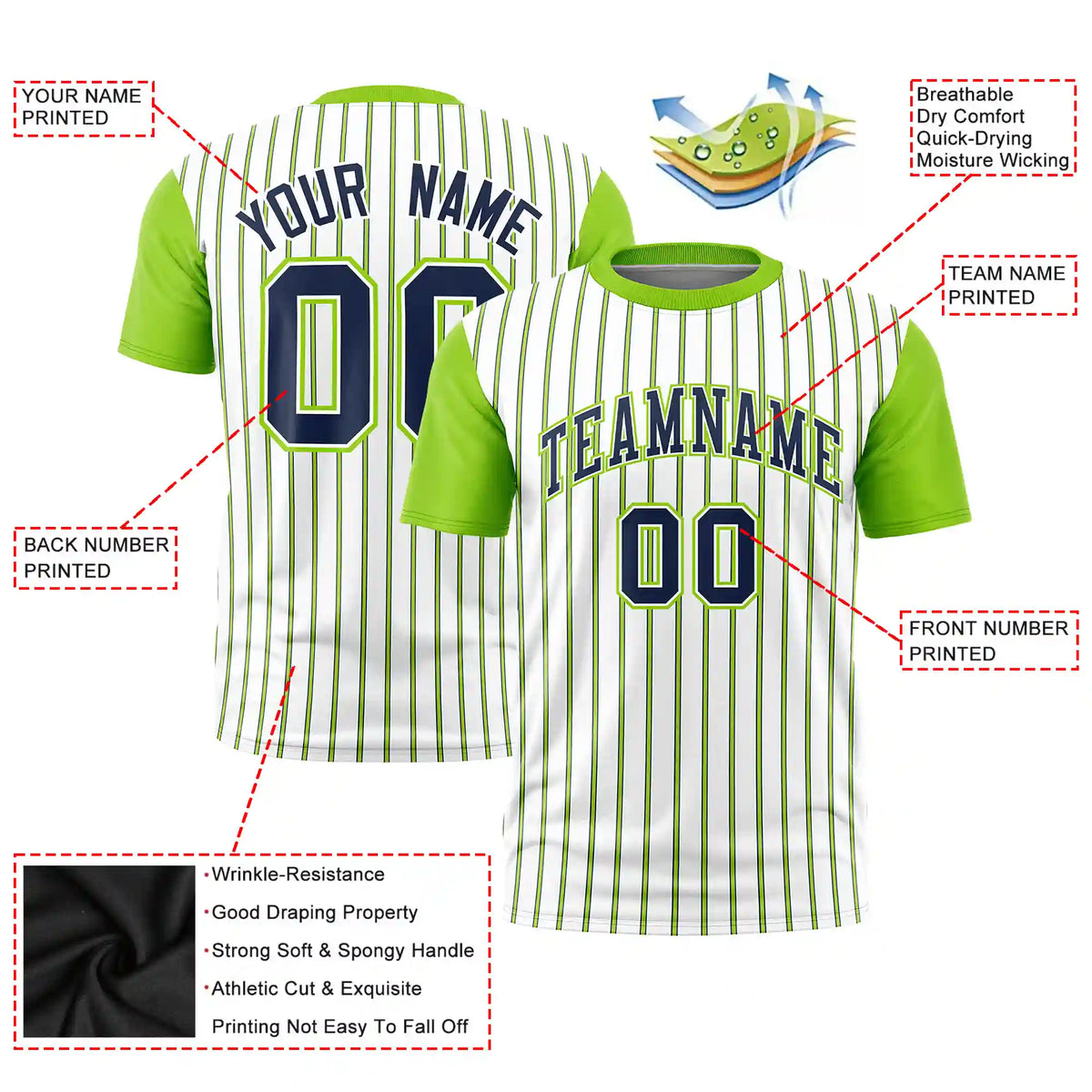 Custom White Navy-Neon Green Pinstripe Pattern Design Performance T-Shirt