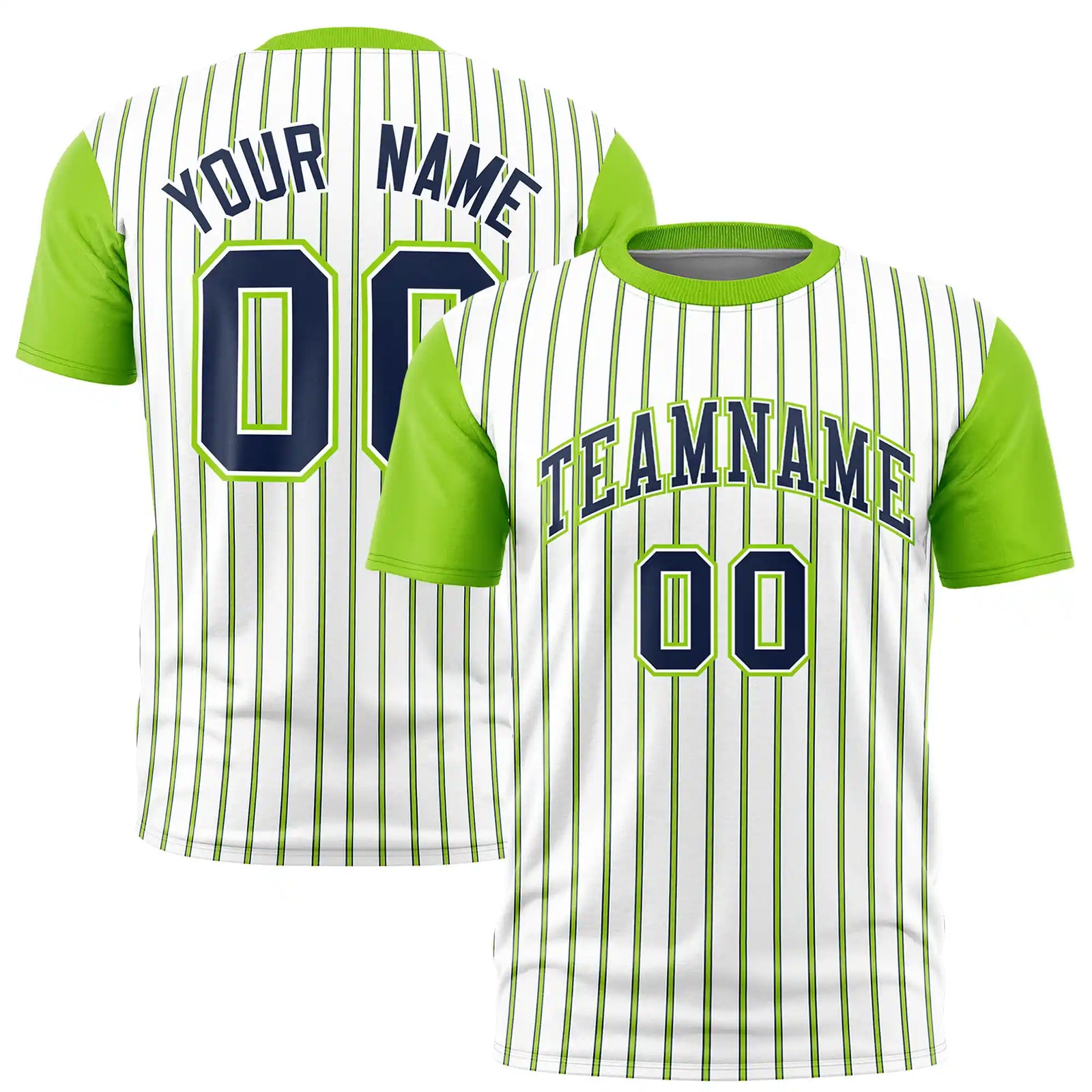 Custom White Navy-Neon Green Pinstripe Pattern Design Performance T-Shirt