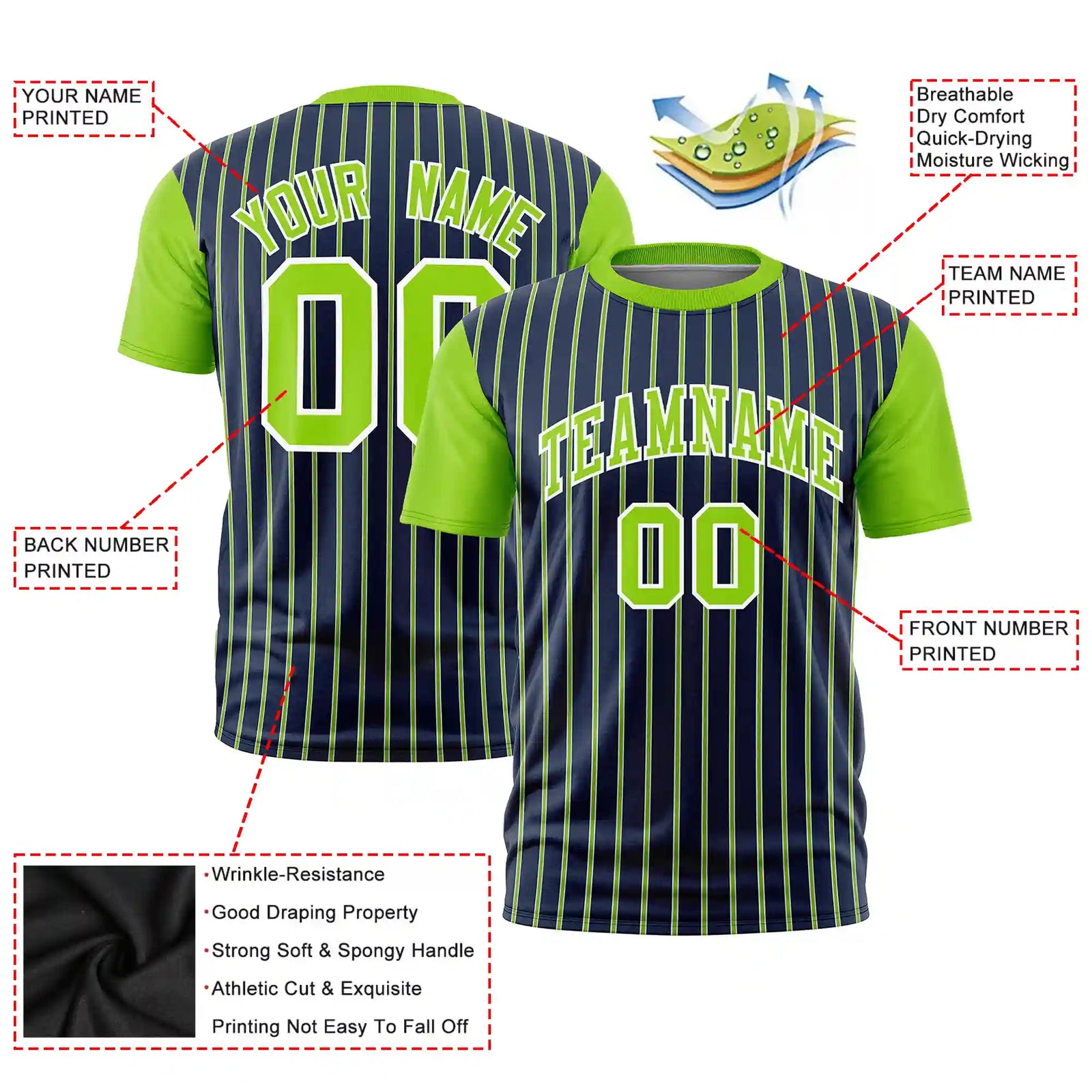 Custom Navy White-Neon Green Pinstripe Pattern Design Performance T-Shirt