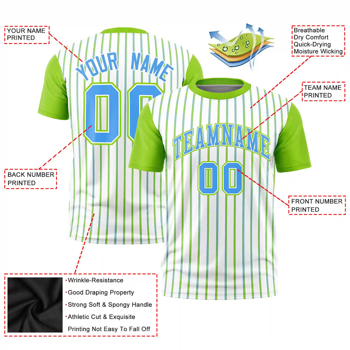 Custom White Powder Blue-Neon Green Pinstripe Pattern Design Performance T-Shirt