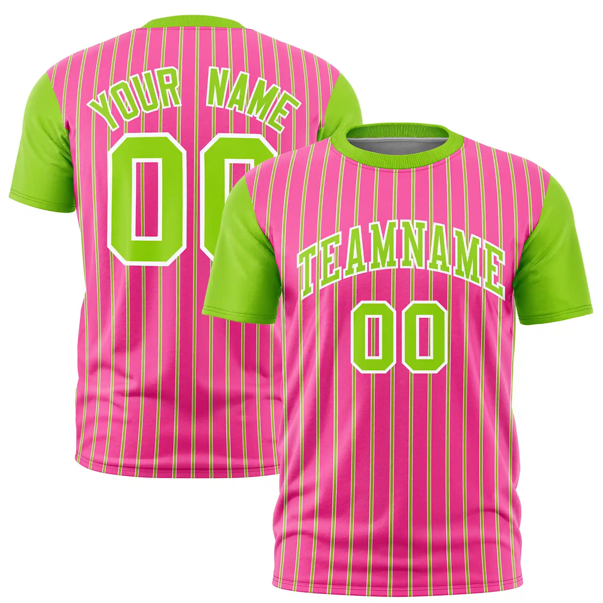 Custom Pink White-Neon Green Pinstripe Pattern Design Performance T-Shirt