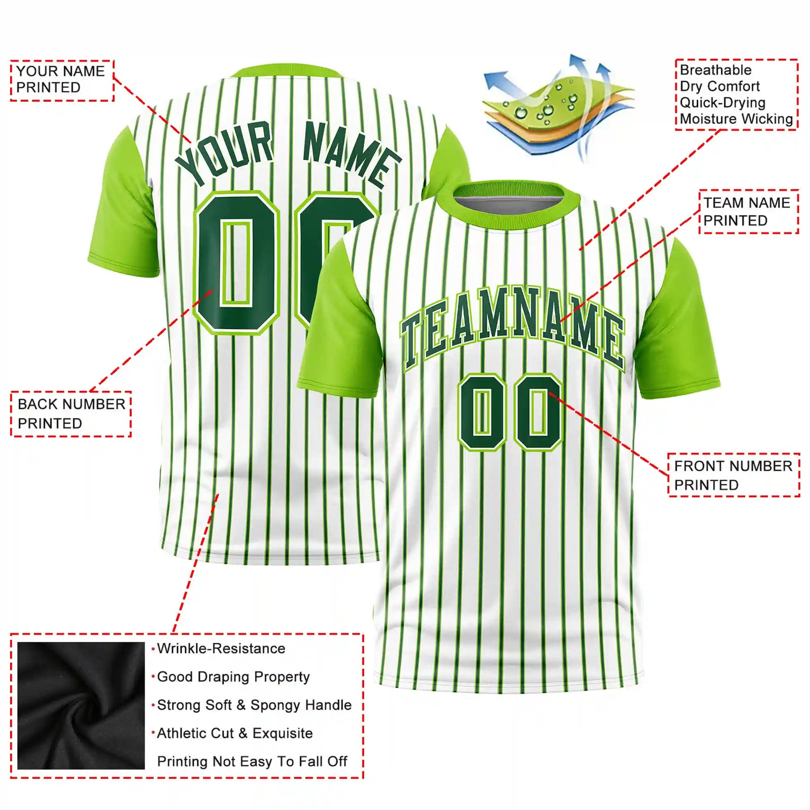 Custom White Green-Neon Green Pinstripe Pattern Design Performance T-Shirt