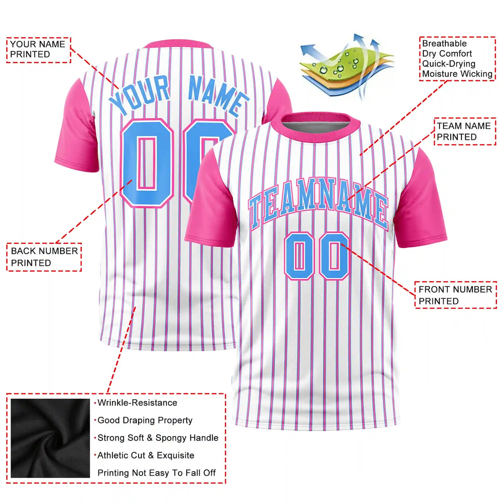 Custom White Powder Blue-Pink Pinstripe Pattern Design Performance T-Shirt