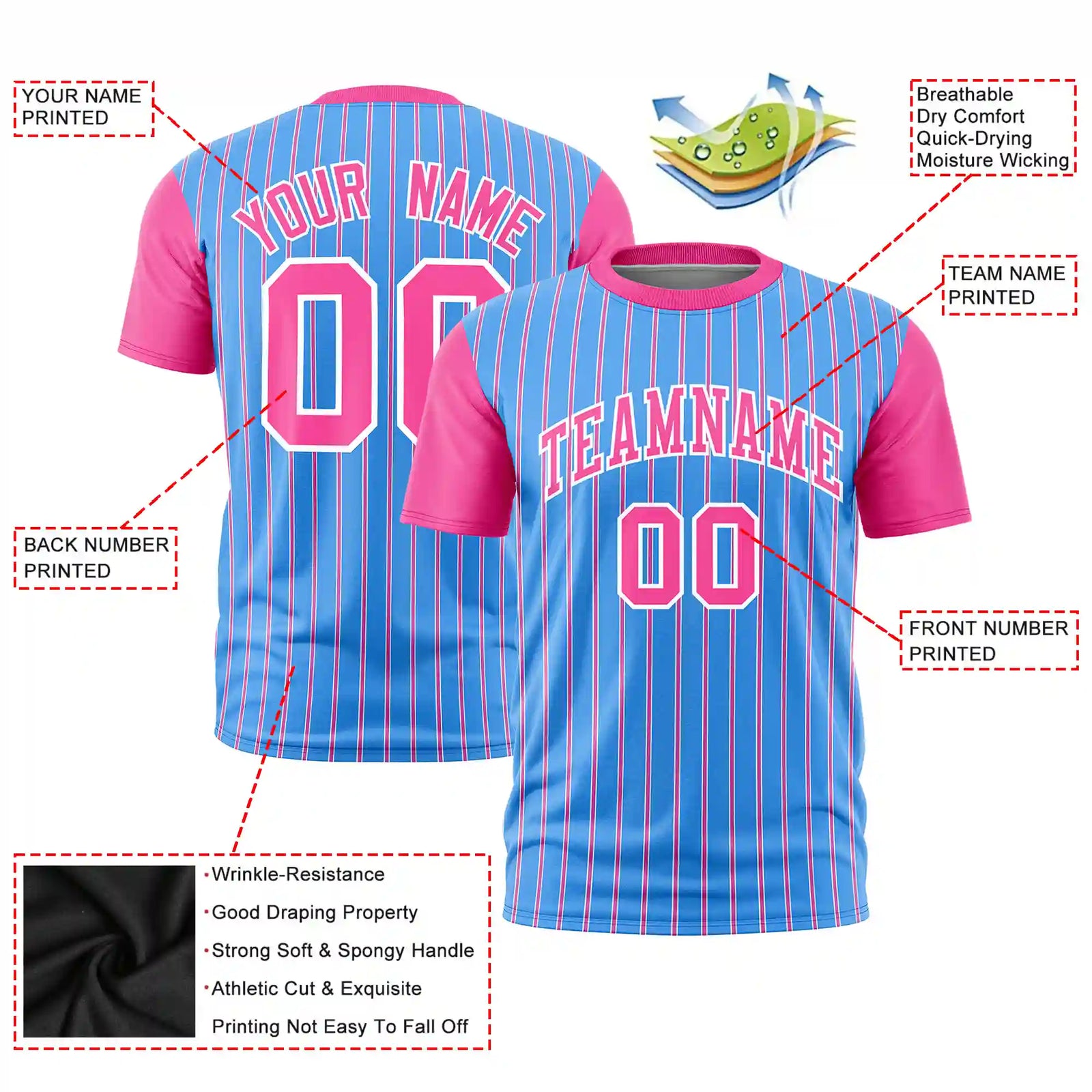 Custom Powder Blue White-Pink Pinstripe Pattern Design Performance T-Shirt