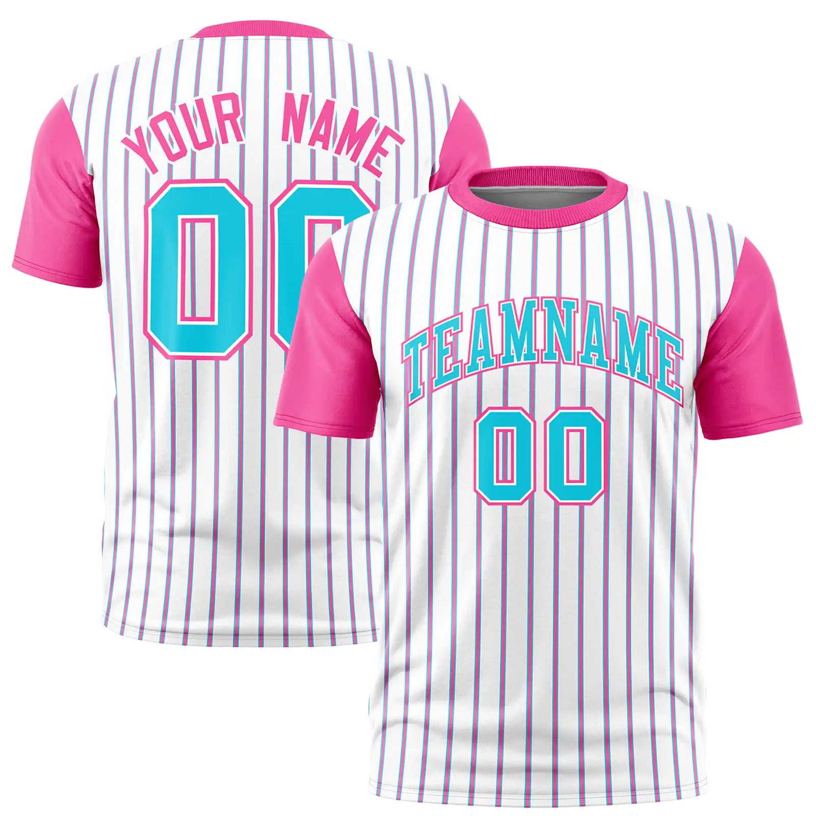 Custom White Sky Blue-Pink Pinstripe Pattern Design Performance T-Shirt