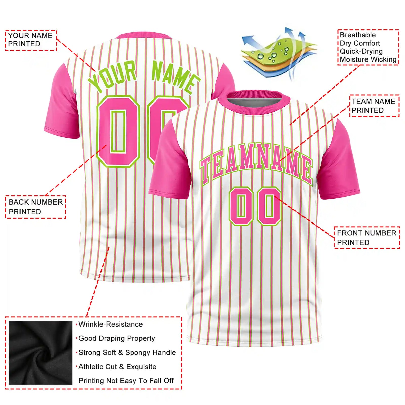 Custom White Neon Green-Pink Pinstripe Pattern Design Performance T-Shirt