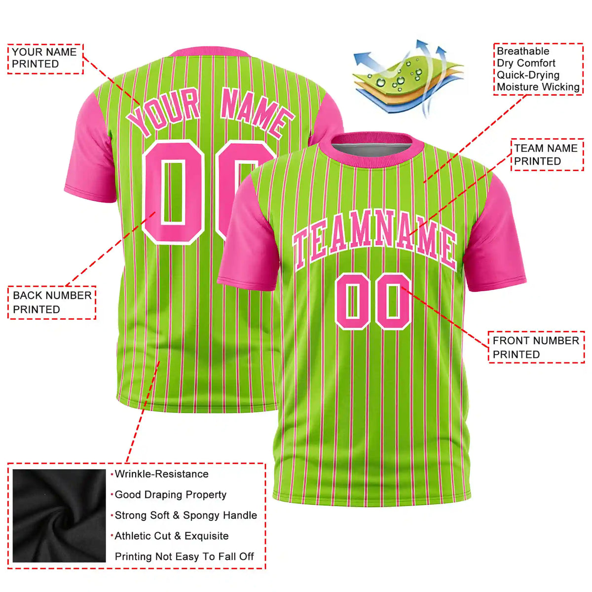 Custom Neon Green White-Pink Pinstripe Pattern Design Performance T-Shirt