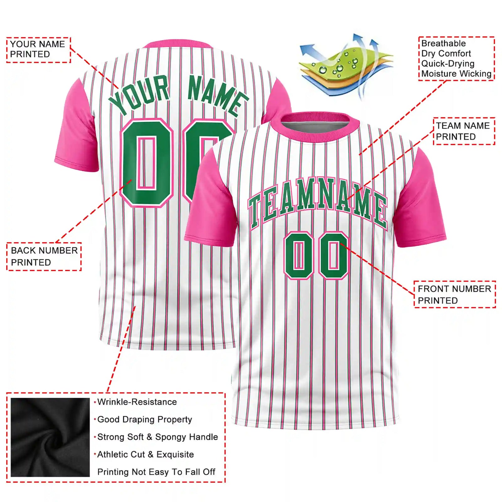 Custom White Kelly Green-Pink Pinstripe Pattern Design Performance T-Shirt