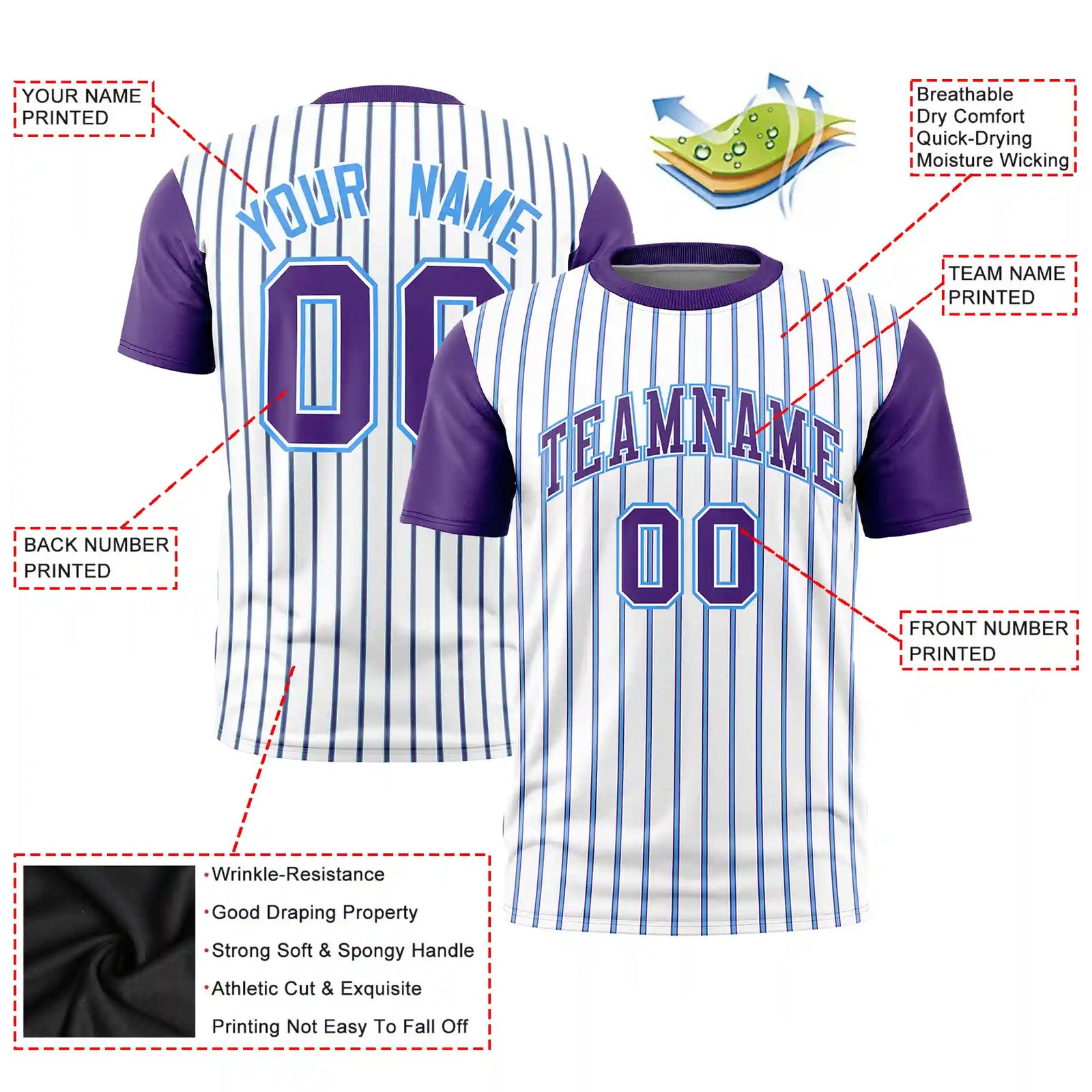 Custom White Powder Blue-Purple Pinstripe Pattern Design Performance T-Shirt