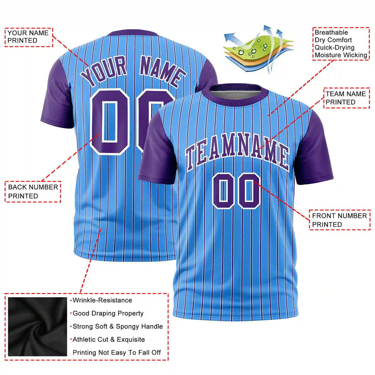 Custom Powder Blue White-Purple Pinstripe Pattern Design Performance T-Shirt