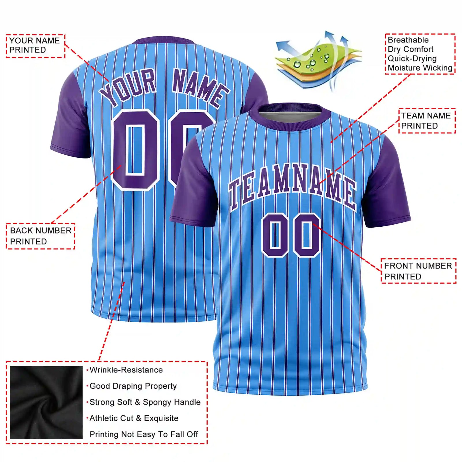 Custom Powder Blue White-Purple Pinstripe Pattern Design Performance T-Shirt