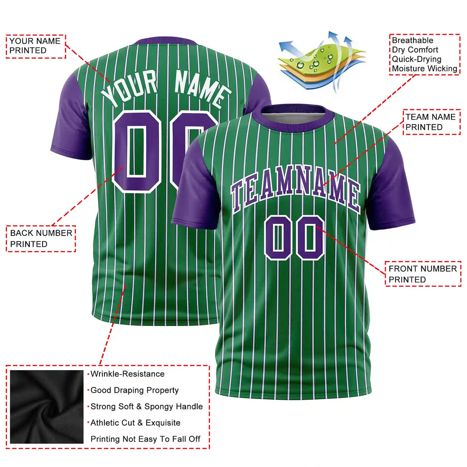 Custom Kelly Green White-Purple Pinstripe Pattern Design Performance T-Shirt