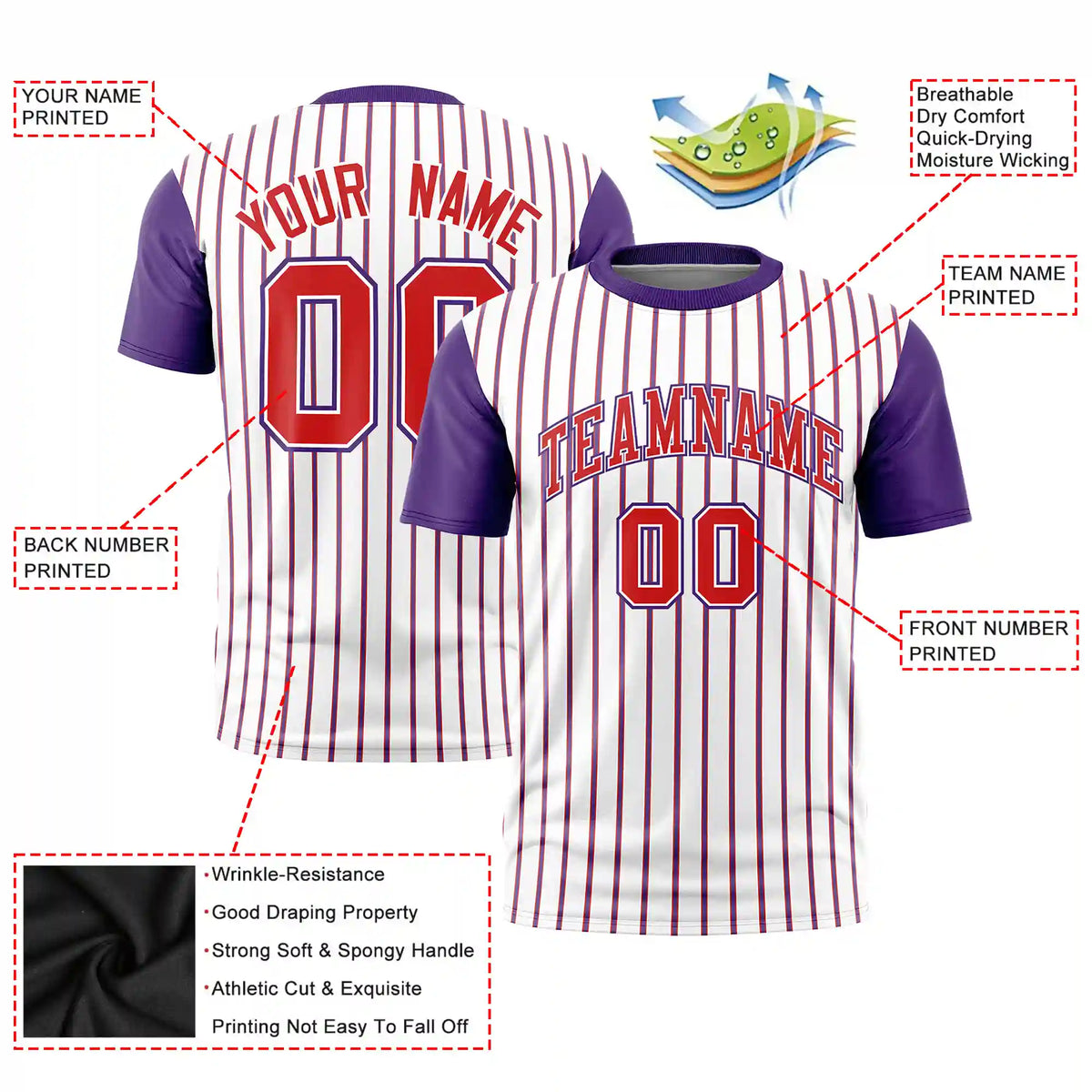 Custom White Red-Purple Pinstripe Pattern Design Performance T-Shirt