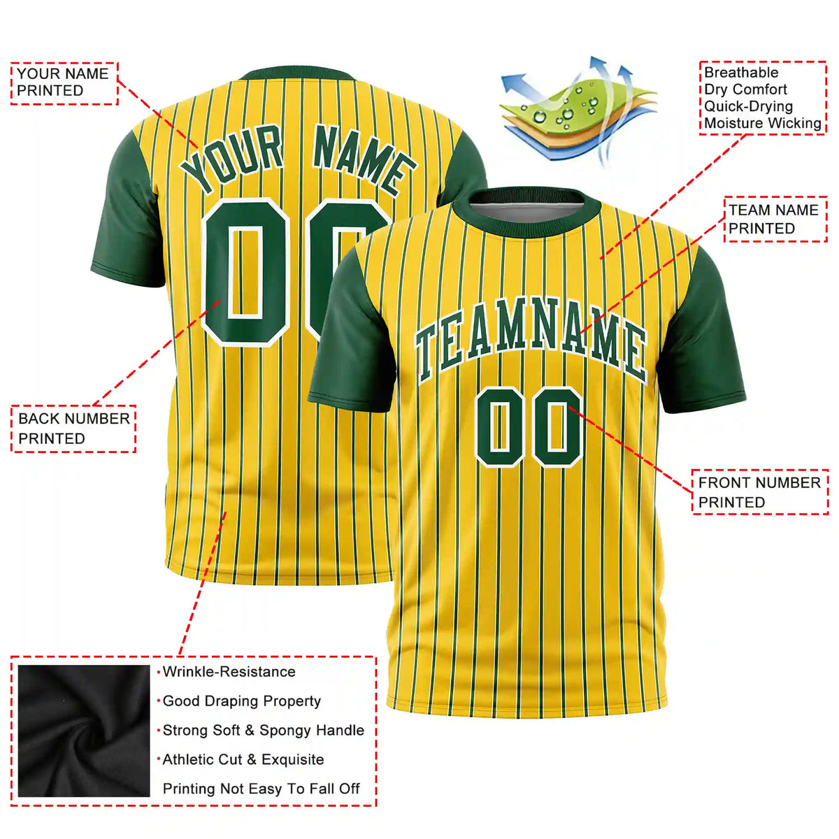 Custom Gold01 White-Green Pinstripe Pattern Design Performance T-Shirt