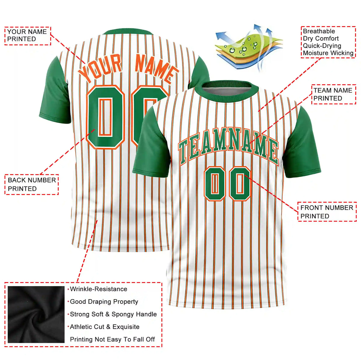 Custom White Orange-Kelly Green Pinstripe Pattern Design Performance T-Shirt