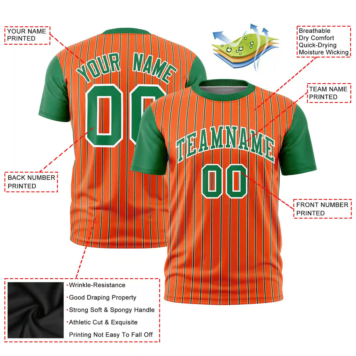 Custom Orange White-Kelly Green Pinstripe Pattern Design Performance T-Shirt
