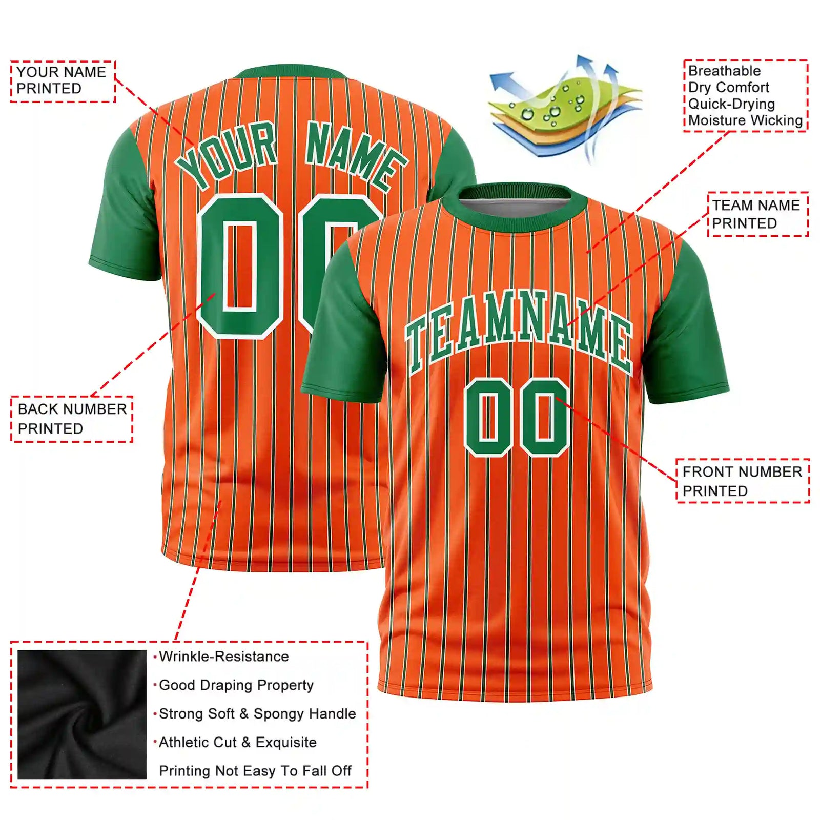 Custom Orange White-Kelly Green Pinstripe Pattern Design Performance T-Shirt