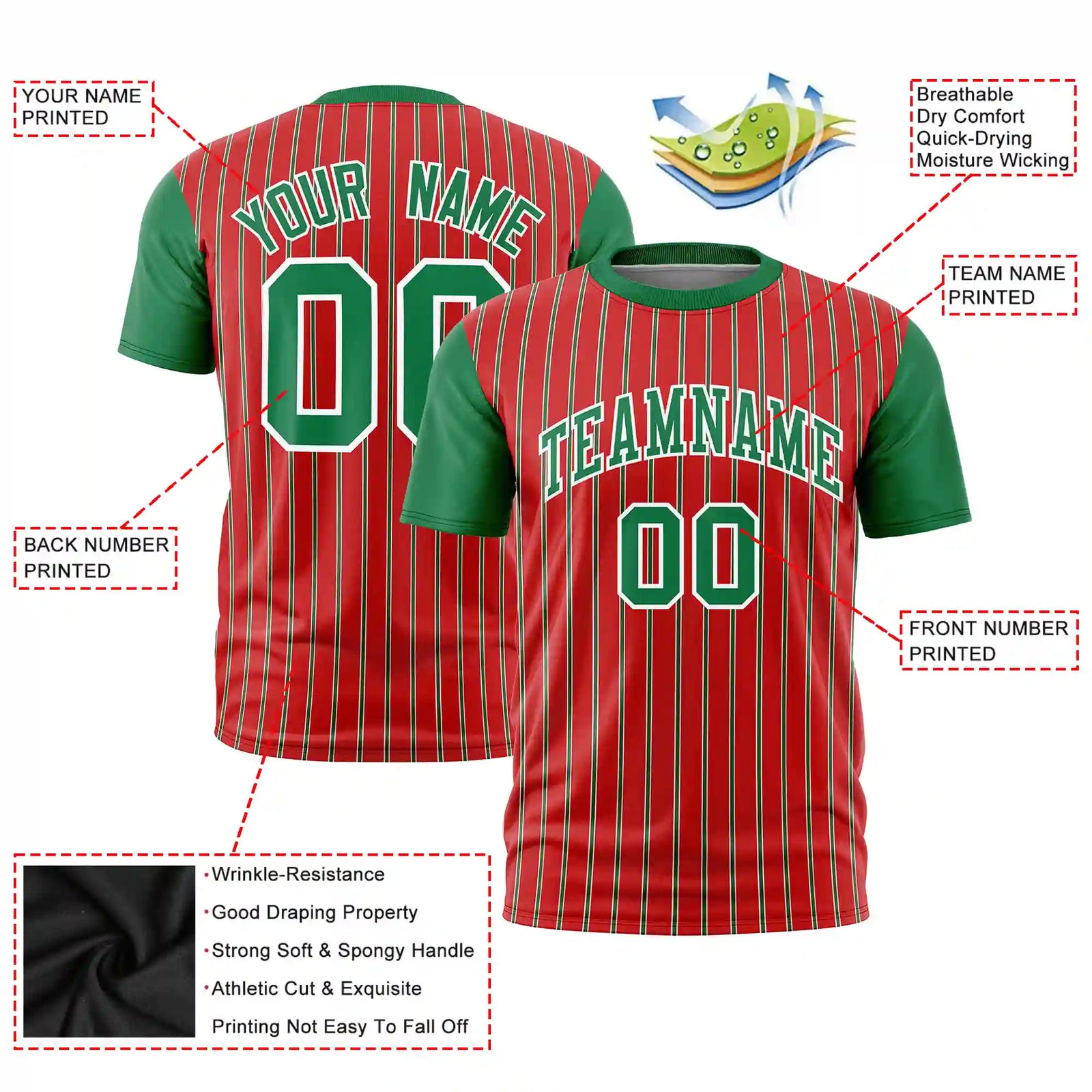 Custom Red White-Kelly Green Pinstripe Pattern Design Performance T-Shirt