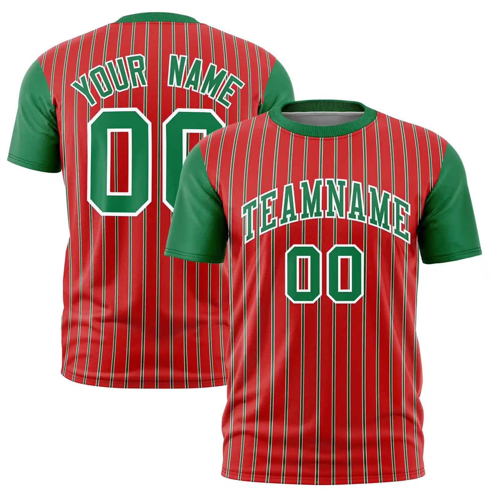 Custom Red White-Kelly Green Pinstripe Pattern Design Performance T-Shirt