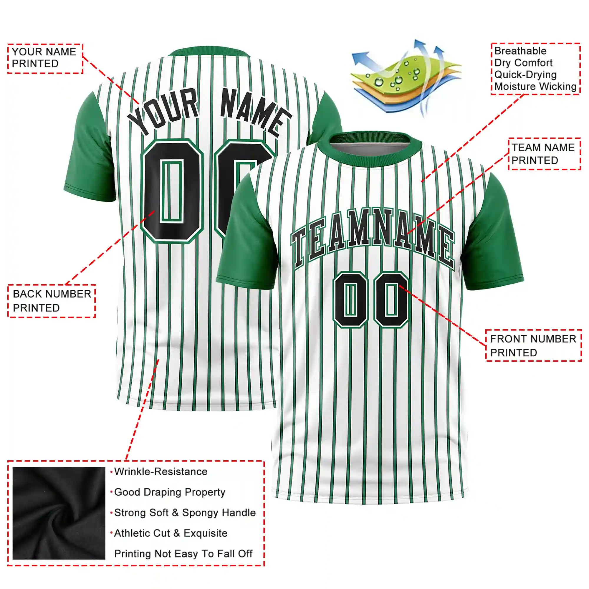 Custom White Black-Kelly Green Pinstripe Pattern Design Performance T-Shirt