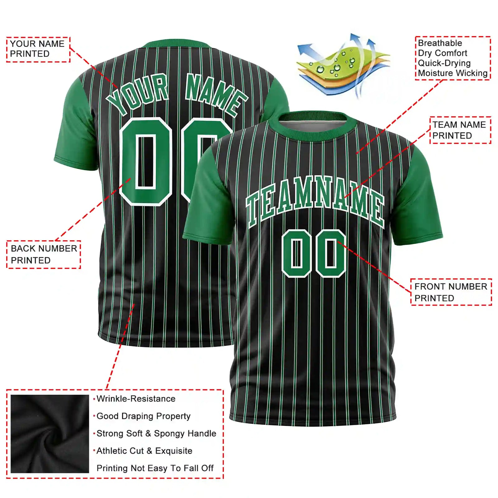 Custom Black White-Kelly Green Pinstripe Pattern Design Performance T-Shirt