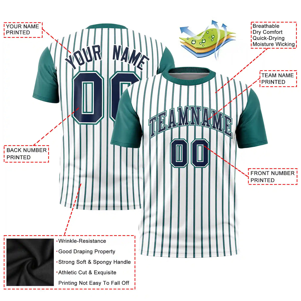 Custom White Navy-Aqua Pinstripe Pattern Design Performance T-Shirt