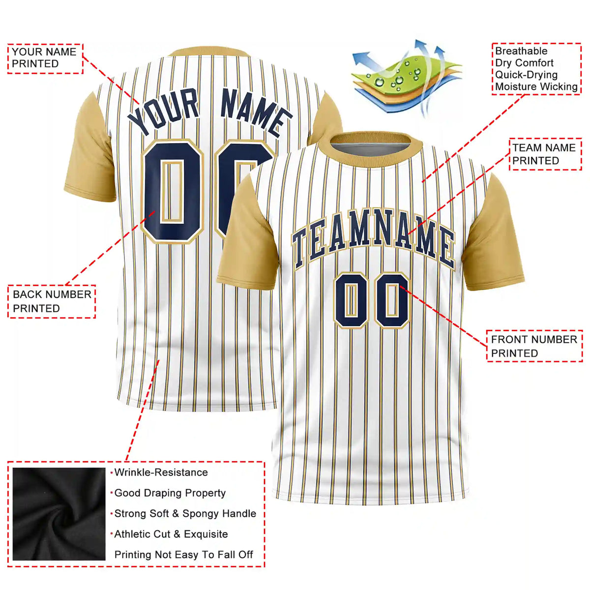 Custom White Navy-Khaki Pinstripe Pattern Design Performance T-Shirt