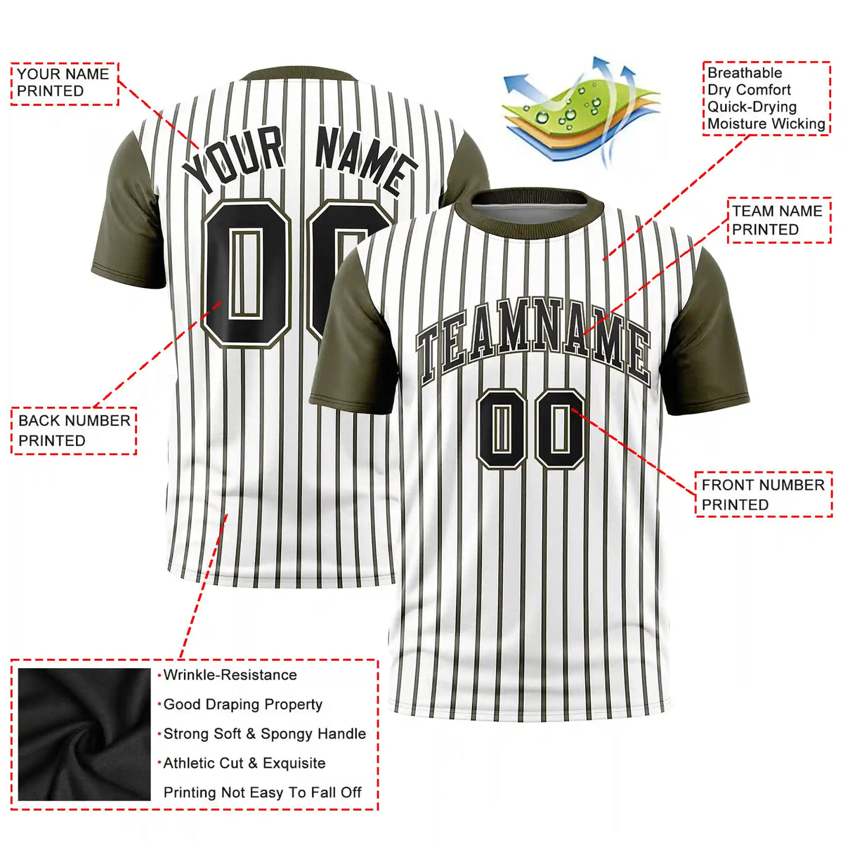 Custom White Black-Olive Pinstripe Pattern Design Performance T-Shirt