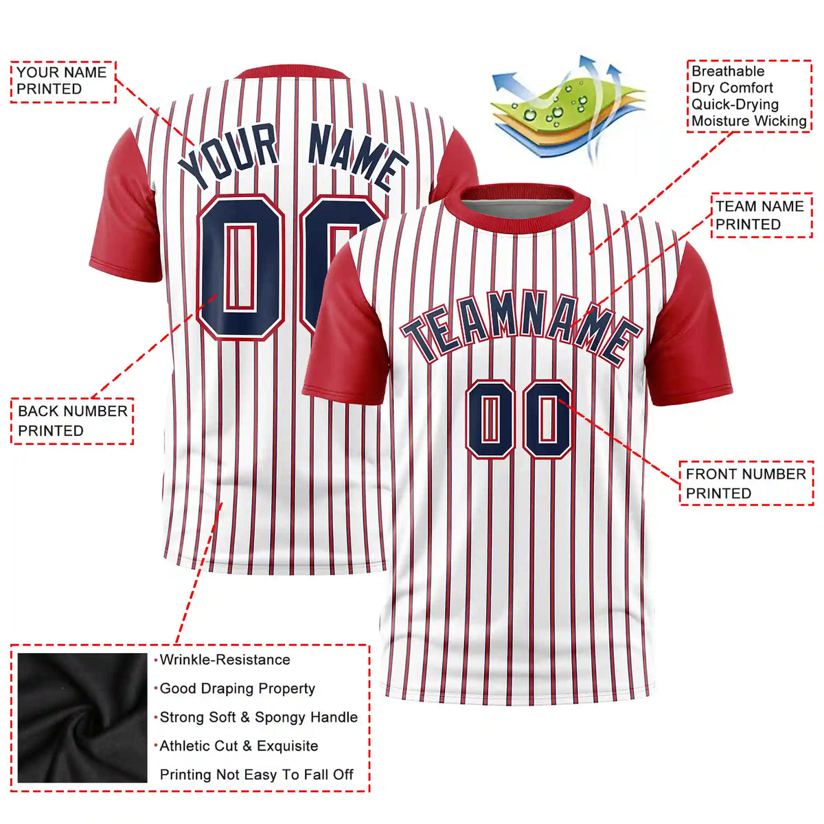 Custom White Navy-Red Pinstripe Pattern Design Performance T-Shirt
