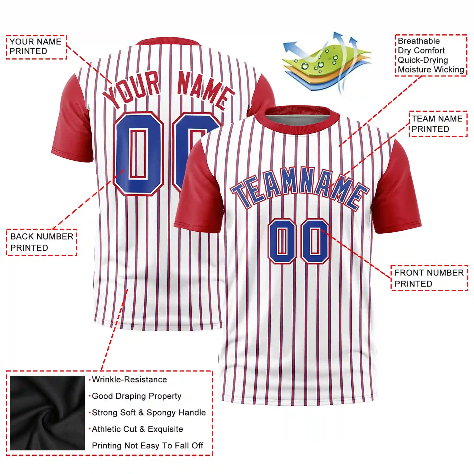 Custom White Royal Blue-Red Pinstripe Pattern Design Performance T-Shirt
