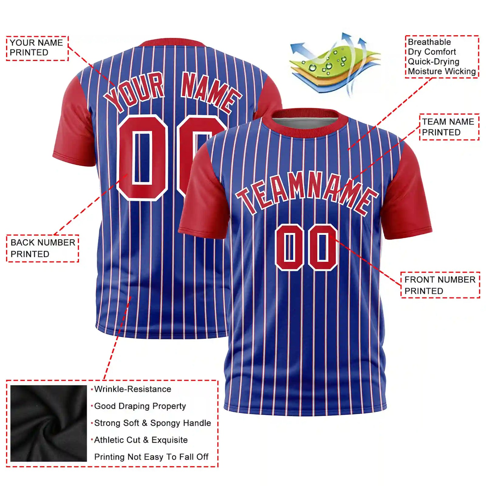 Custom Royal Blue White-Red Pinstripe Pattern Design Performance T-Shirt