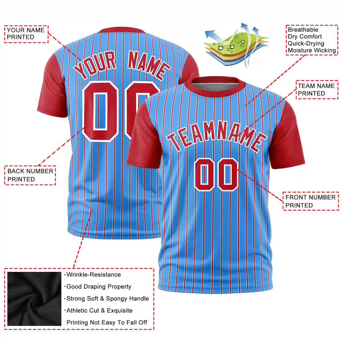 Custom Powder Blue White-Red Pinstripe Pattern Design Performance T-Shirt