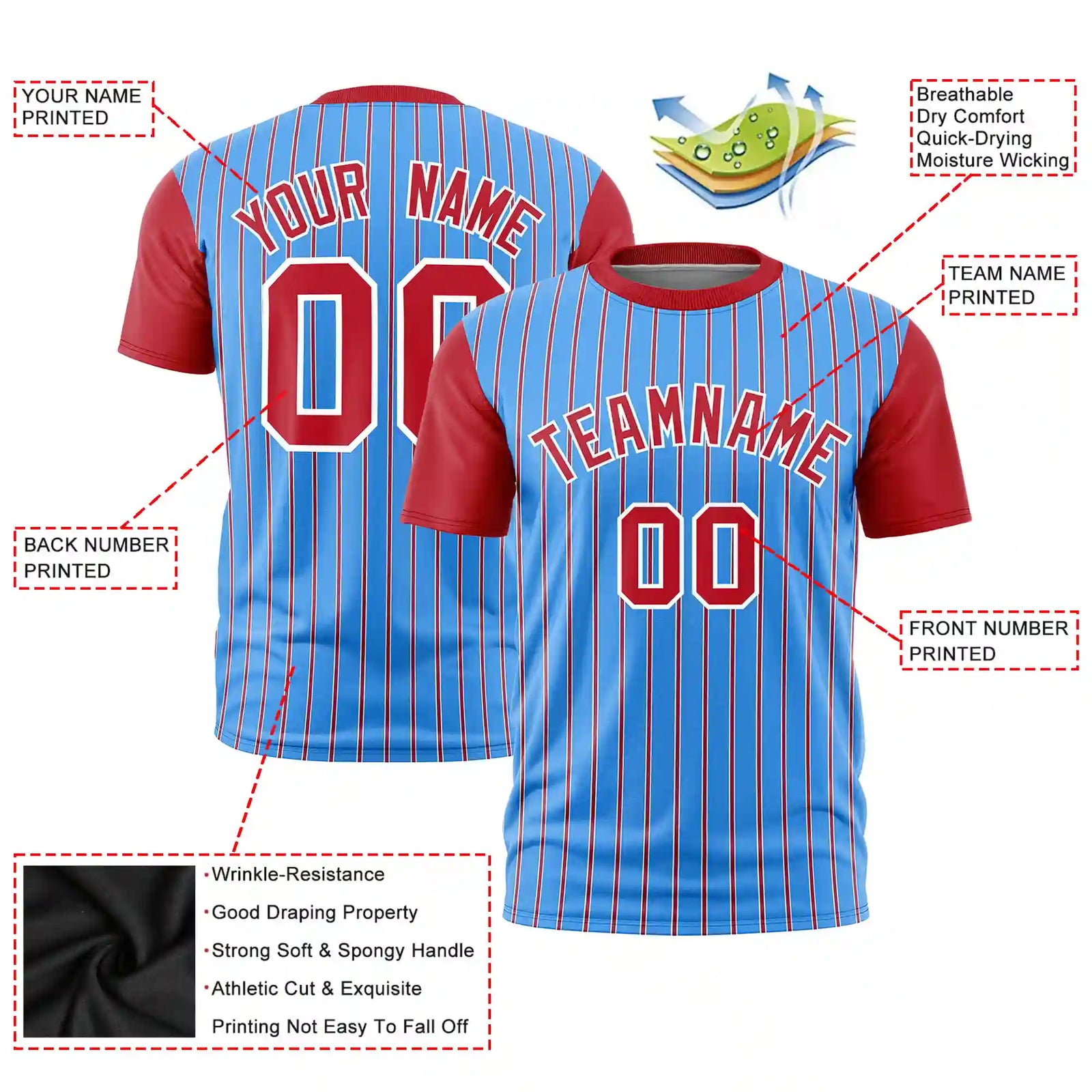 Custom Powder Blue White-Red Pinstripe Pattern Design Performance T-Shirt