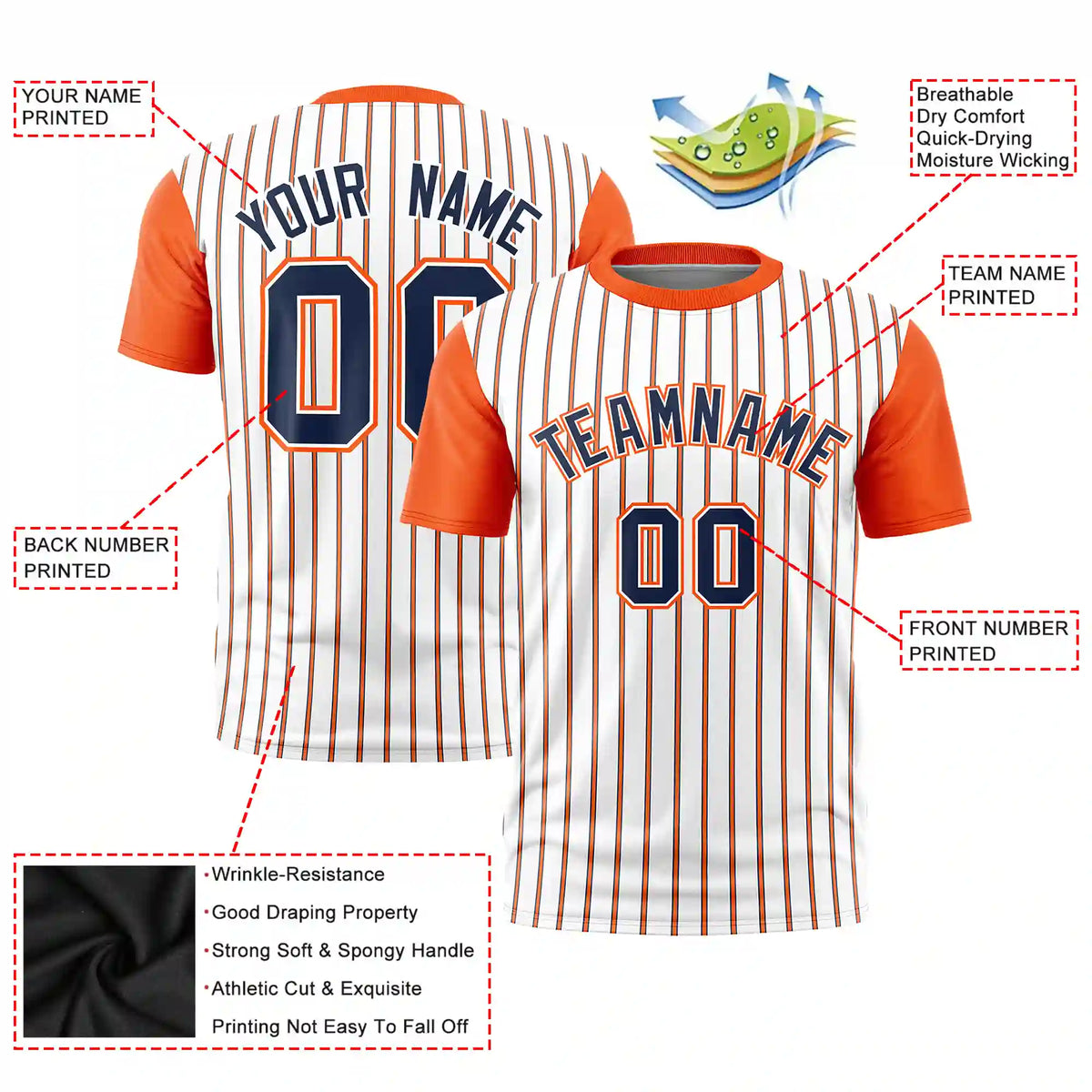 Custom White Navy-Orange Pinstripe Pattern Design Performance T-Shirt