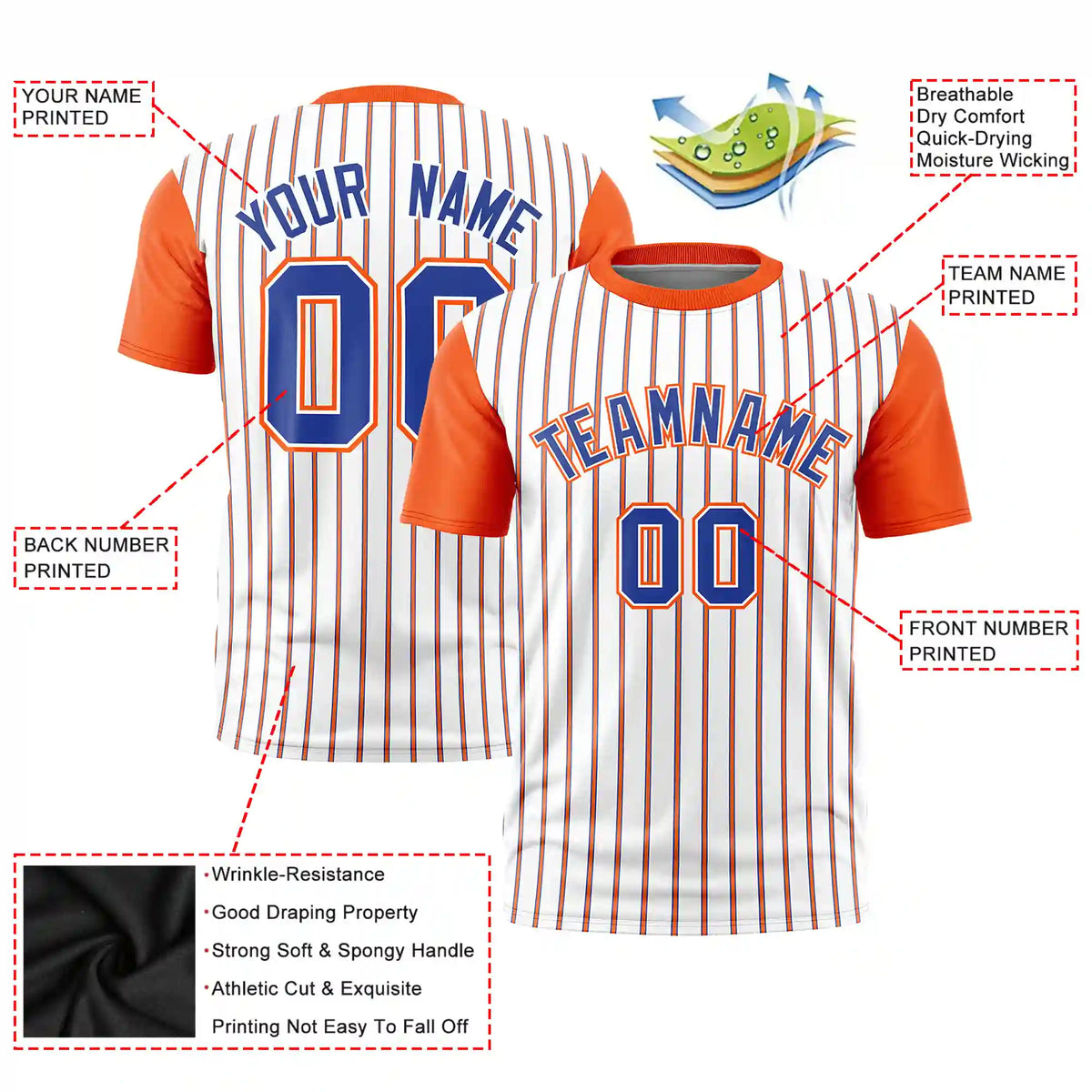 Custom White Royal Blue-Orange Pinstripe Pattern Design Performance T-Shirt