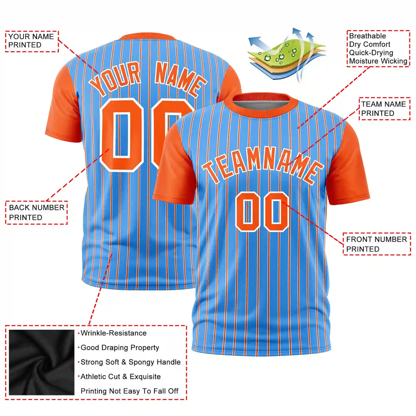 Custom Powder Blue White-Orange Pinstripe Pattern Design Performance T-Shirt