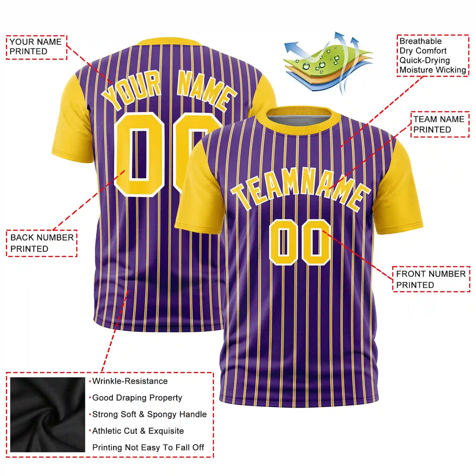 Custom Purple White-Gold01 Pinstripe Pattern Design Performance T-Shirt