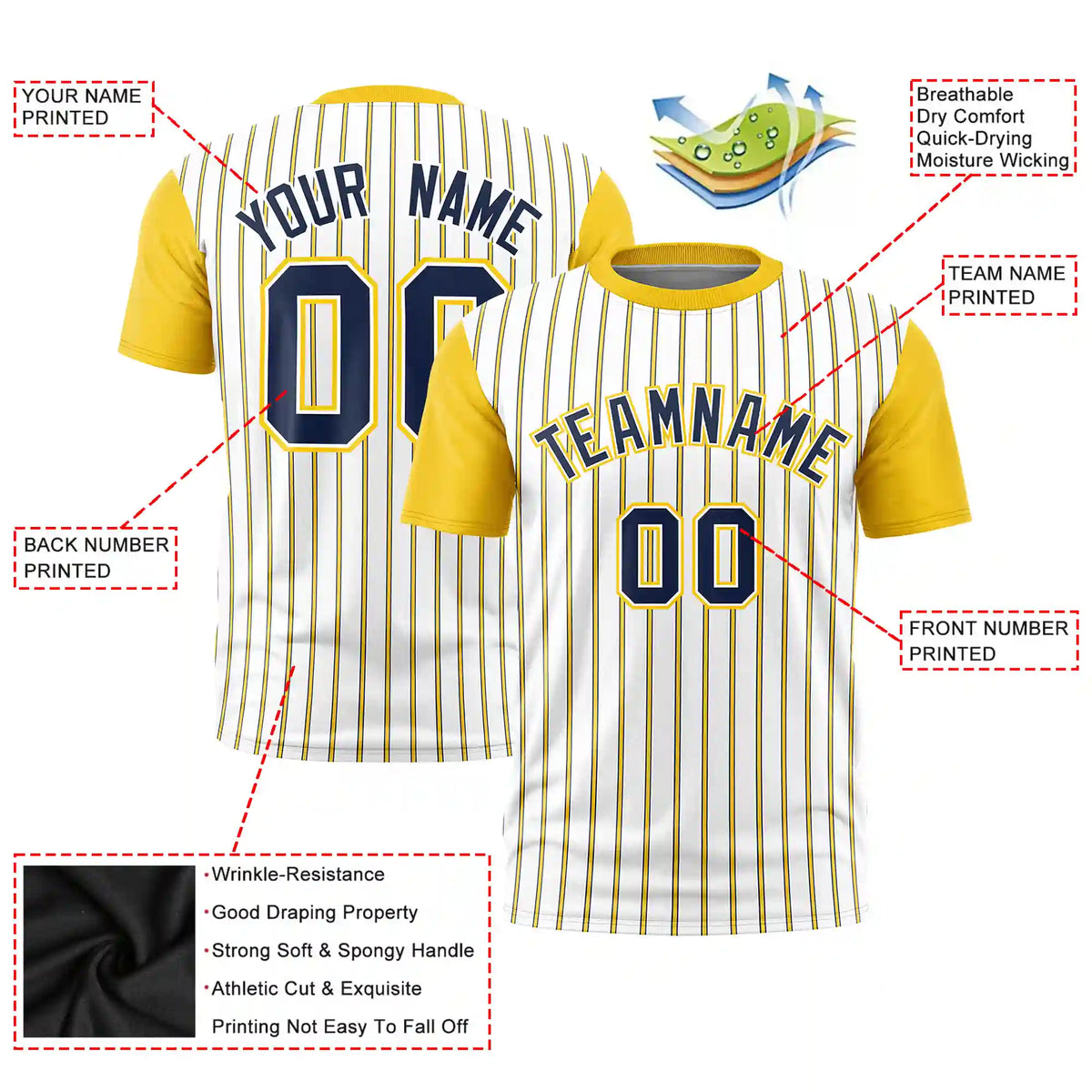 Custom White Navy-Gold01 Pinstripe Pattern Design Performance T-Shirt