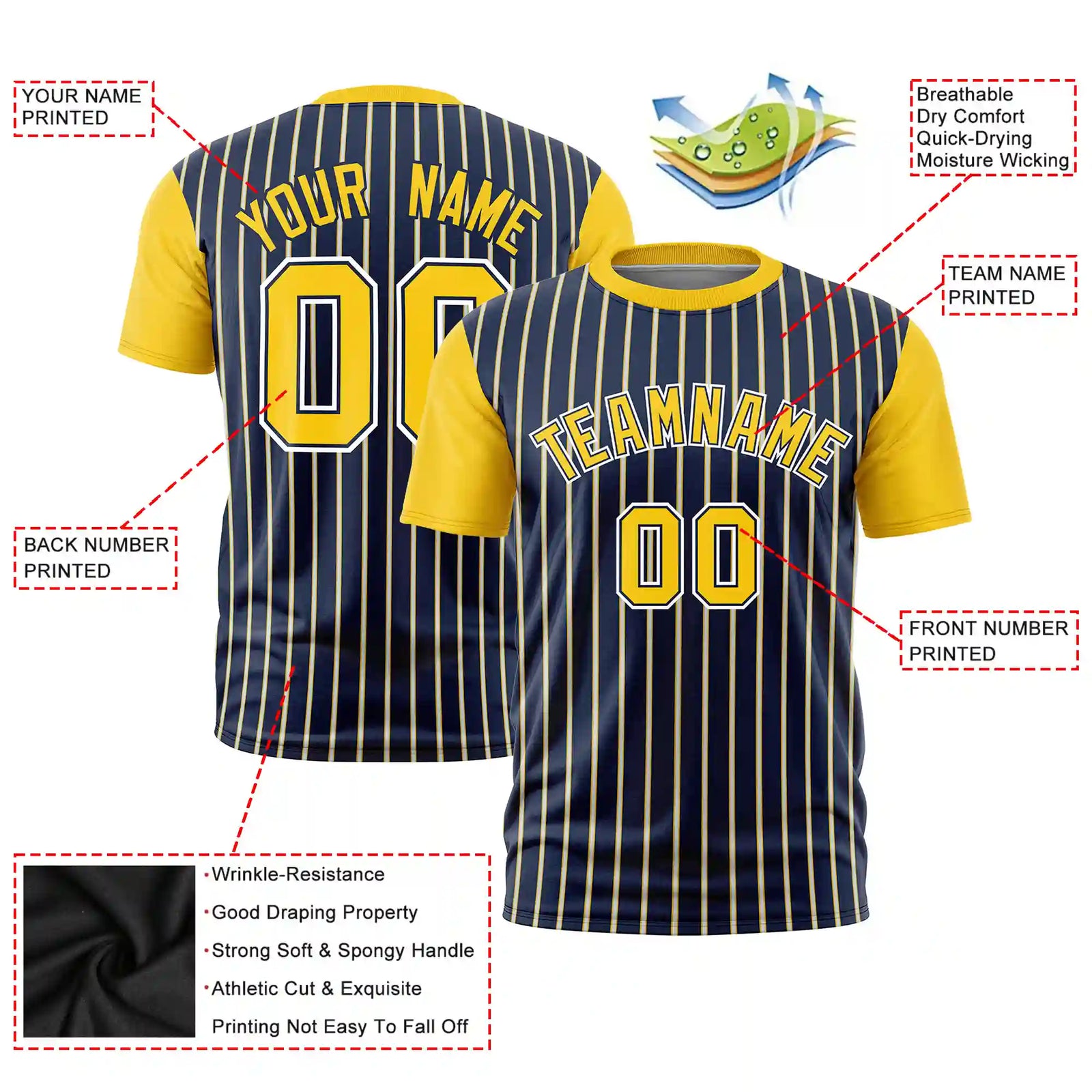 Custom Navy White-Gold01 Pinstripe Pattern Design Performance T-Shirt