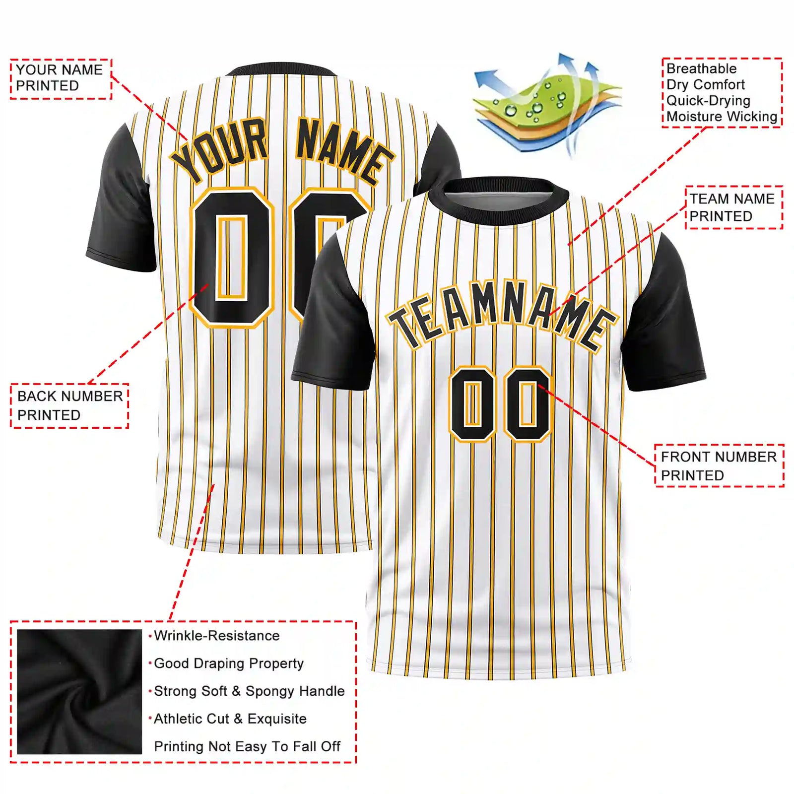 Custom White Yellow-Black Pinstripe Pattern Design Performance T-Shirt