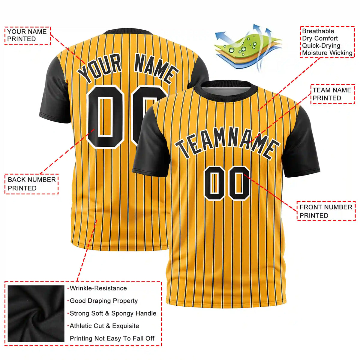 Custom Yellow White-Black Pinstripe Pattern Design Performance T-Shirt