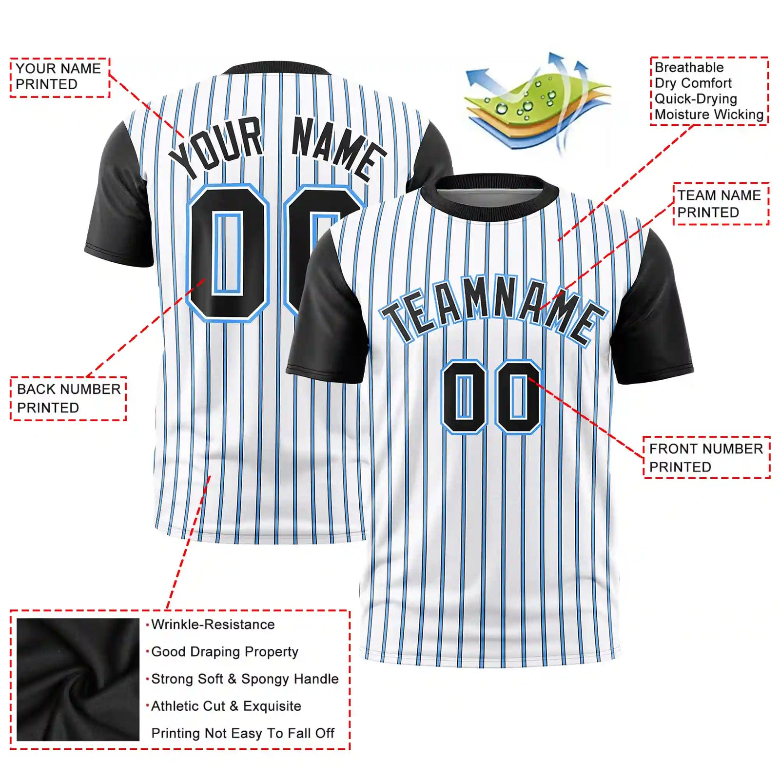 Custom White Powder Blue-Black Pinstripe Pattern Design Performance T-Shirt