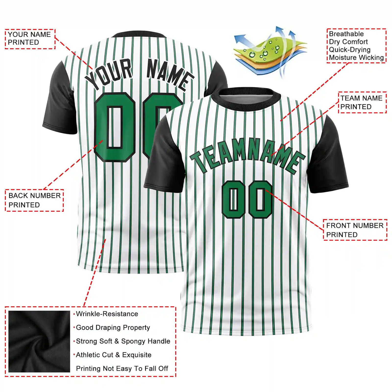Custom White Kelly Green-Black Pinstripe Pattern Design Performance T-Shirt