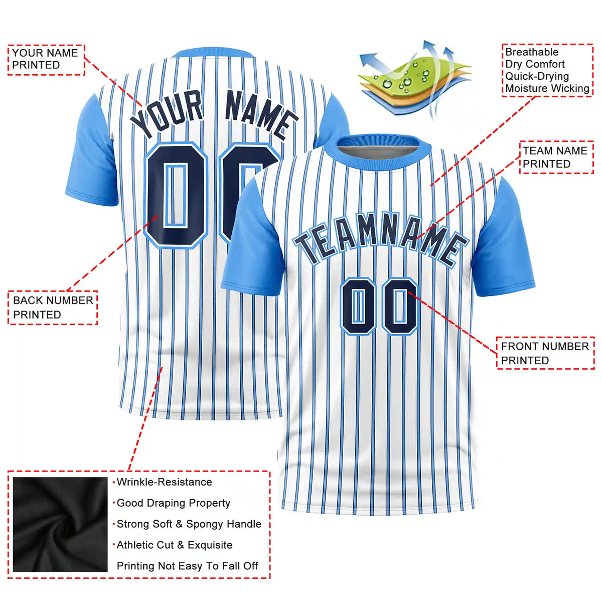 Custom White Navy-Powder Blue Pinstripe Pattern Design Performance T-Shirt