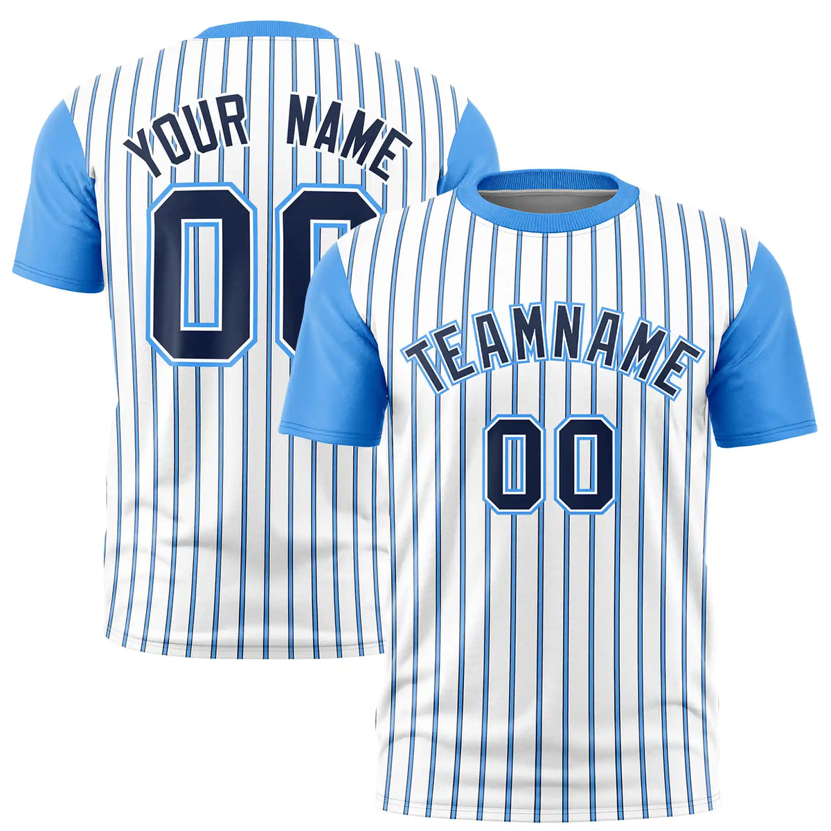 Custom White Navy-Powder Blue Pinstripe Pattern Design Performance T-Shirt
