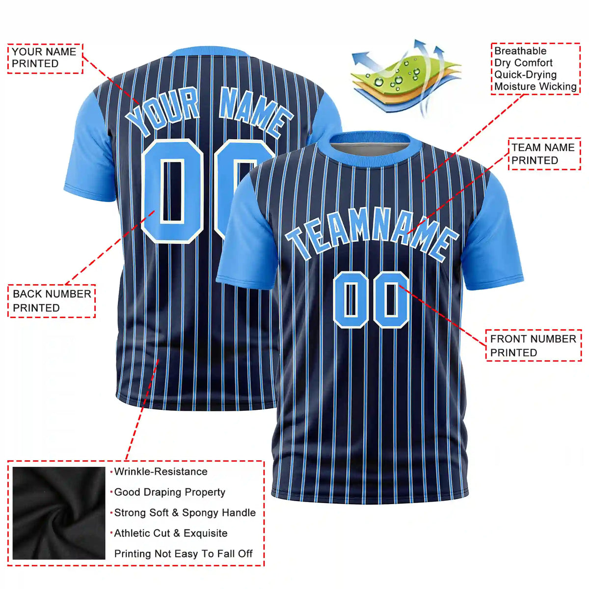 Custom Navy White-Powder Blue Pinstripe Pattern Design Performance T-Shirt