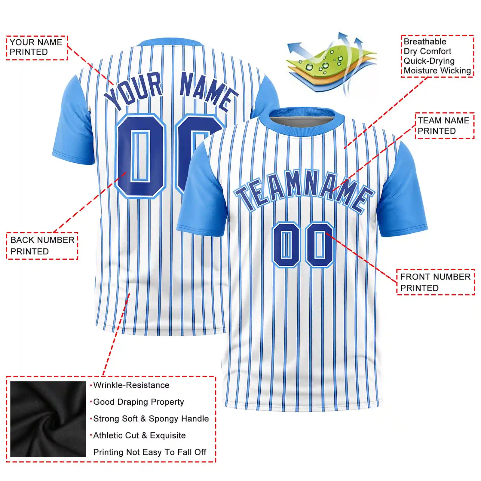 Custom White Royal Blue-Powder Blue Pinstripe Pattern Design Performance T-Shirt