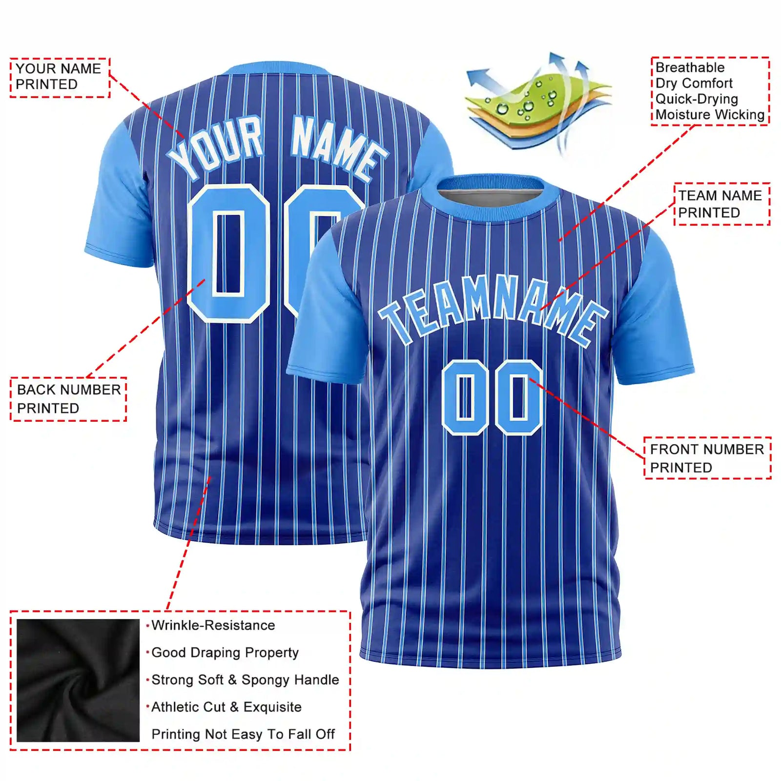 Custom Royal Blue White-Powder Blue Pinstripe Pattern Design Performance T-Shirt