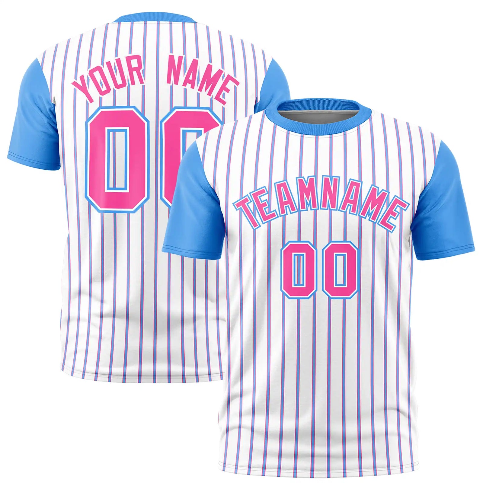 Custom White Pink-Powder Blue Pinstripe Pattern Design Performance T-Shirt